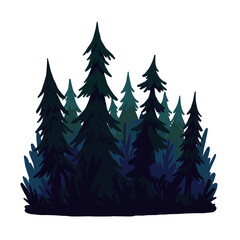 Obraz premium Dense silhouette of evergreen trees in dark forest scene 