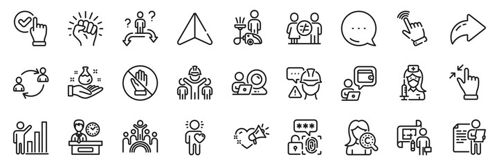 Presentation time, Discrimination and Engineering team line icons pack. Share, Message, Paper plane icons. Love message, Business choice, Biometric security web icon. Vector