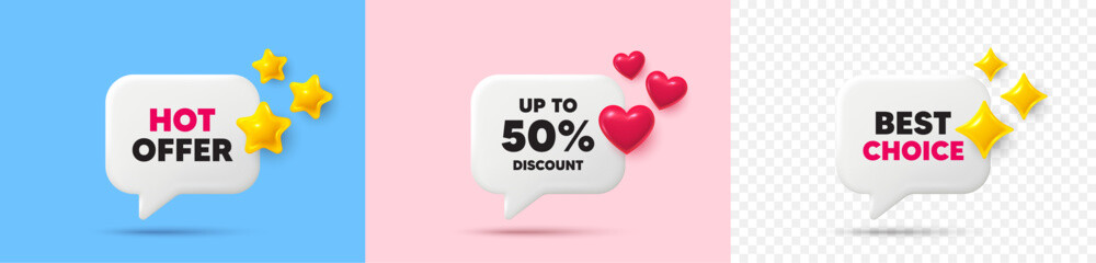 Discount tag chat speech bubble. 3d stars, sparkles, hearts chat bubbles. Up to 50 percent discount. Sale offer price sign. Special offer symbol. Save 50 percentages. Vector