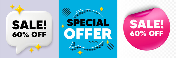 Sale speech bubble. 3d sparkles chat, Paper sticker. Sale 60 percent off discount. Promotion price offer sign. Retail badge symbol. Special offer bubble. Halftone dots pattern. Vector