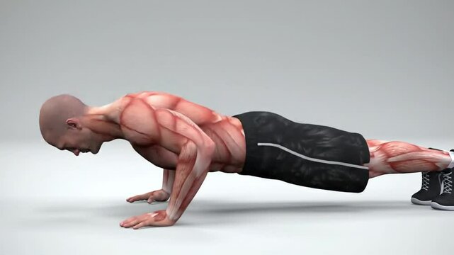 A 3D animation of a muscular athlete performing a push-up. The entire movement is captured from a single, clear side angle perspective - AI Generated