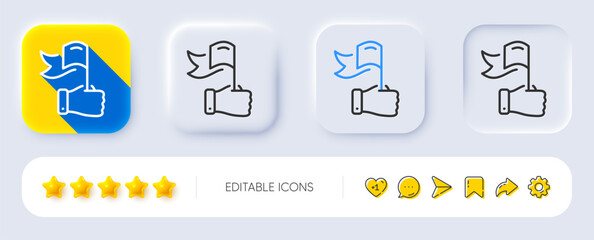 Leadership line icon. Neumorphic, Flat shadow, 3d buttons. Success flag in hand sign. Winner symbol. Line leadership icon. Social media icons. Vector