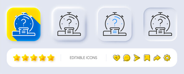 Quiz line icon. Neumorphic, Flat shadow, 3d buttons. Timer with question mark. Faq time symbol. Line quiz icon. Social media icons. Vector