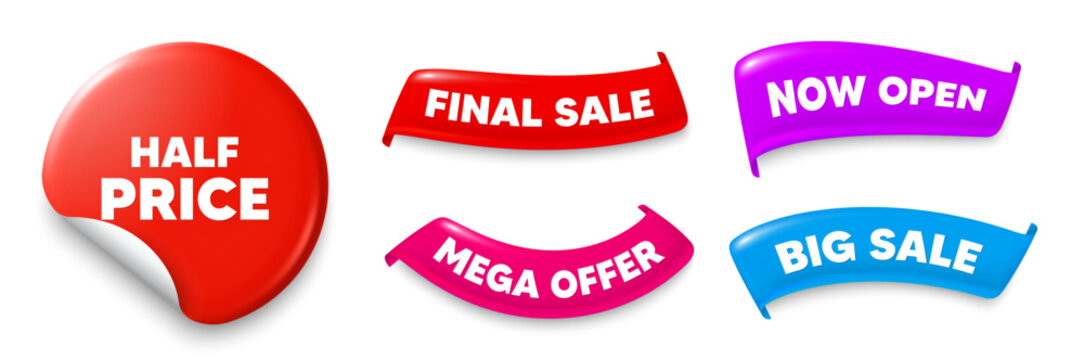 Half price sticker, Sale offer ribbons. Big sale, Now open. Half Price tag. Special offer Sale sign. Advertising Discounts symbol. Sticker badge. Flag ribbon banners. Discount offer banners. Vector