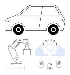 Naklejka premium Car representing autonomous vehicles, robotic arm signifying automation, gear cloud symbolizing digital data flow with document sharing. Ideal for technology, AI, automation, industry 4.0, data