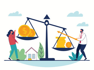 Businessmen Balancing Money and Assets on Scale – Concept of Financial Equality, Wealth Distribution, and Investment Decisions. Man saves money to buy private house,  vector and illustration.