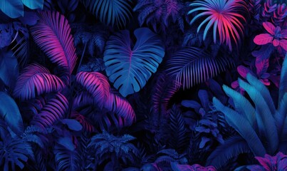 Neon-lit tropical leaves, vibrant jungle foliage, background texture, design element