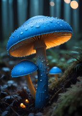 Blue mushrooms glow in the forest