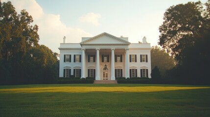 Fototapeta premium Grand white mansion with classical columns on a grassy lawn.