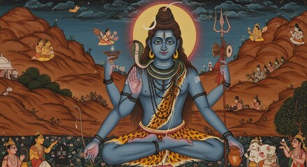 Obraz premium Shiva deity illustration depicts the powerful Hindu god in a serene meditation pose against a backdrop of ancient mountain landscapes.