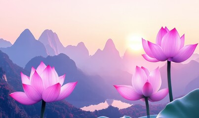 Pink lotus flowers sunrise mountain landscape serenity