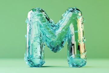 The letter M is made of water and is floating on a green background