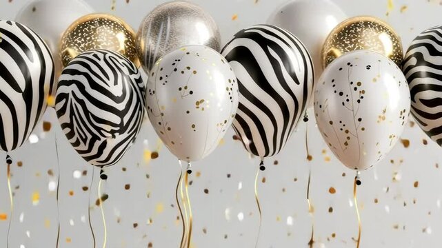 A collection of black and white balloons with zebra patterns and gold accents. The background features scattered golden confetti.