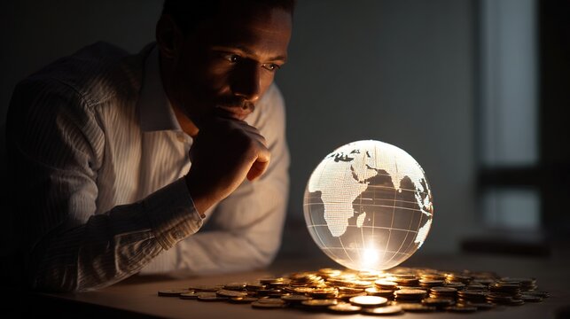 Businessman Strategizing Company Cost Savings with Glowing Globe and Coins. High quality