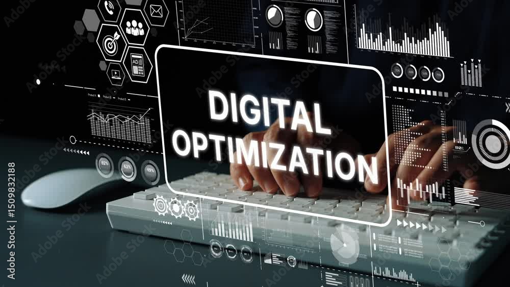 Poster Digital Optimization Concept with Data Analysis Graphics and Keyboard in Focus. Asymptotic smart data analytic.