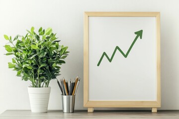 A white board with a green arrow pointing upwards