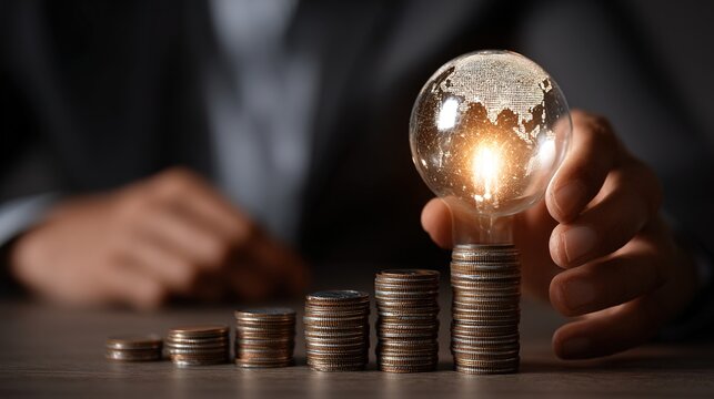 Businessman Strategizing Company Cost Savings with Glowing Globe and Coins. High quality