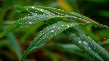 Naklejka premium Dewy grass blades with water droplets, a fresh morning's delicate beauty.