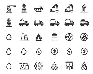 Oil and gas industry icons vector set energy production transportation and industrial equipment symbols collection