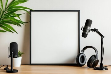 A black framed white background with a microphone and headphones on a desk