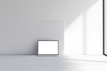 A laptop is sitting on a white wall in a room with a window