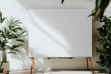 A white board is on a stand in front of a wall with plants