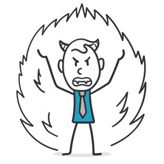 Furious businessman with a furious expression and Horns. Vividly portrays an enraged stickman figure.