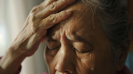 Close-up portrait of concerned elderly senior touching forehead in worry, blurred medical chart background symbolizing stroke risk awareness and health anxiety for aging population