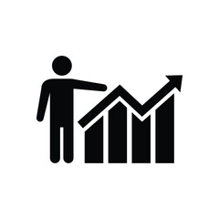 Growth icon featuring a figure pointing at an upward trend line with bar graph elements representing data analysis