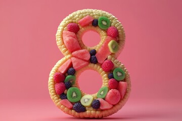 A fruit cake with the number 8 on it