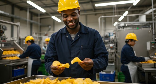 Factory worker inspects quality potato chips on a food production line while wearing a yellow safety helmet in a busy facility.