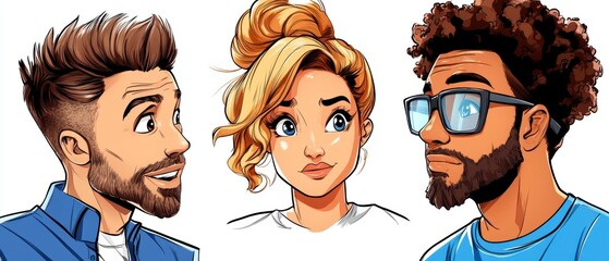 Stylish Cartoon Portraits Diverse Characters with Unique Hairstyles