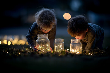 Children catching fireflies in glass jars in the garden at dusk, soft lighting, magical mood, 