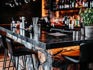 Elegant Dark Bar Interior Stone, Metal, and Warm Lighting Design