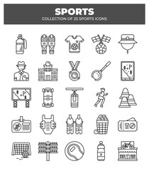 Collection of 25 Sports Icons. Sport Equipment. Game. and Activity Symbols