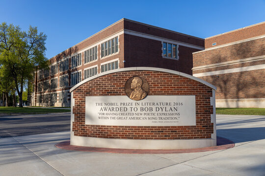 Monument honoring 1959 graduate Bob Dylan (Robert Zimmerman) for winning the Nobel Prize in Literature in 2016, on May 22, 2025 in Hibbing, Minnesota. Dylan graduated from Hibbing High School in 1959.
