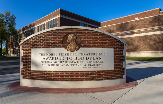 Monument honoring 1959 graduate Bob Dylan (Robert Zimmerman) for winning the Nobel Prize in Literature in 2016, on May 22, 2025 in Hibbing, Minnesota. Dylan graduated from Hibbing High School in 1959.
