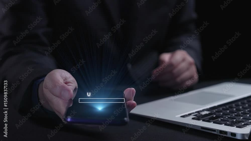Poster a person interacts with a smartphone displaying a digital updating animation while a laptop shows a 