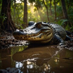 Naklejka premium Alligator in sunlit swamp close-up with reflection in water