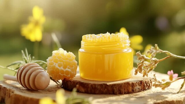 A jar of honey is sitting on a wooden table next to a honeycomb. The jar is filled with honey and surrounded by honeycomb. The scene is peaceful and serene, with the honey