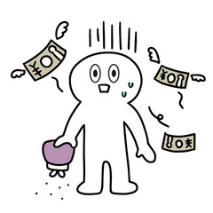 お金が飛んでいき焦っている棒人間