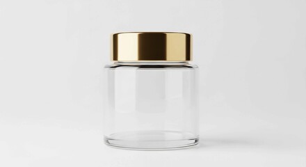An isolated clear glass jar with a polished gold lid on a white background, excellent for e-commerce or beauty mockups.
