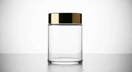 A minimalist studio shot of a transparent cylindrical glass jar topped with a reflective gold lid, ideal for product branding.
