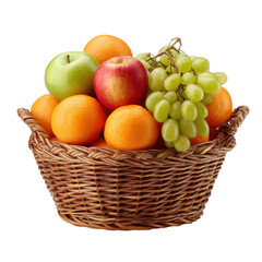 A Wicker Basket Overflowing with Fresh Fruit Oranges Apples and Green Grapes