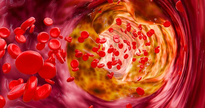Detailed 3D visualization of vascular blockage caused by unhealthy eating habits, including fast food, sugary drinks, alcohol abuse, and trans fats, contributing to heart attacks and strokes. 3D rende