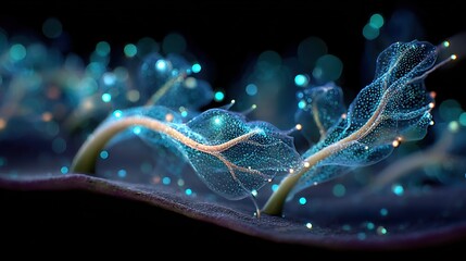 Ethereal flora, a futuristic bioluminescence garden with light particles and fiber veins
