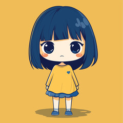 Fototapeta premium Melancholy Anime Girl in Yellow Sweater and Blue Shoes