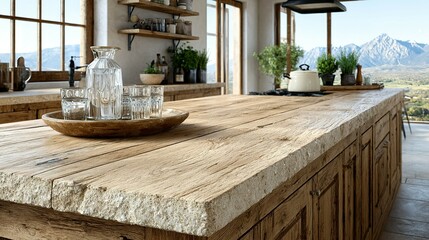 Rustic wooden kitchen island countertop with stone edge.