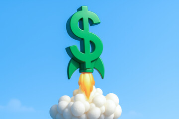 Green dollar sign rocket launching from fluffy clouds, blue sky background, economic growth, financial prosperity, successful investment, market profit, 3d rendering