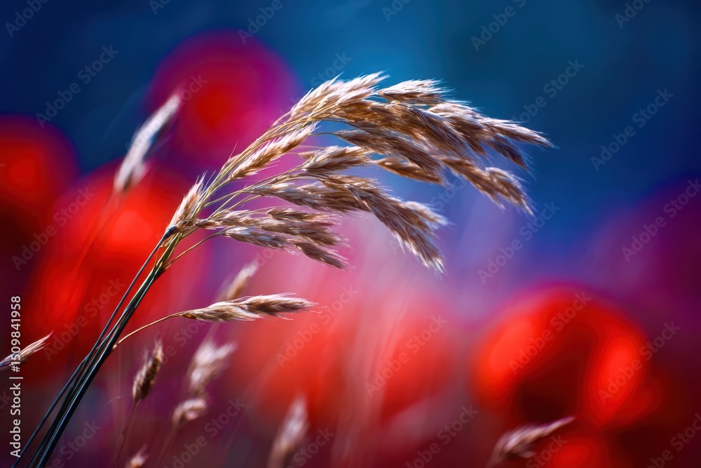 Poster a field of red flowers with a single stalk of grass in the foreground